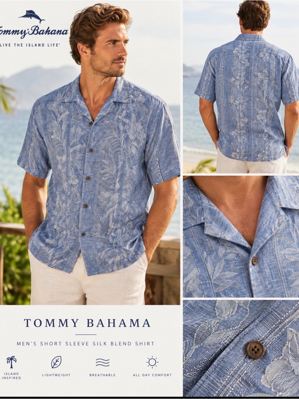 Tommy Bahama Blue Leaf-Print Short-Sleeve Camp Shirt